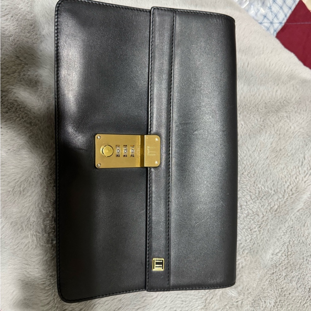 Dunhill EUC Black Leather Clutch with Gold Lock